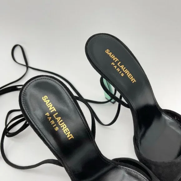 SAINT LAURENT | Vitti Sandal in Nero & Hope Green Black Suede - Picture 9 of 13